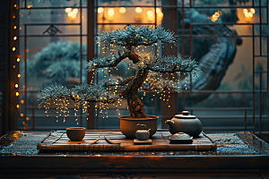 黑松盆景自然日式摄影图