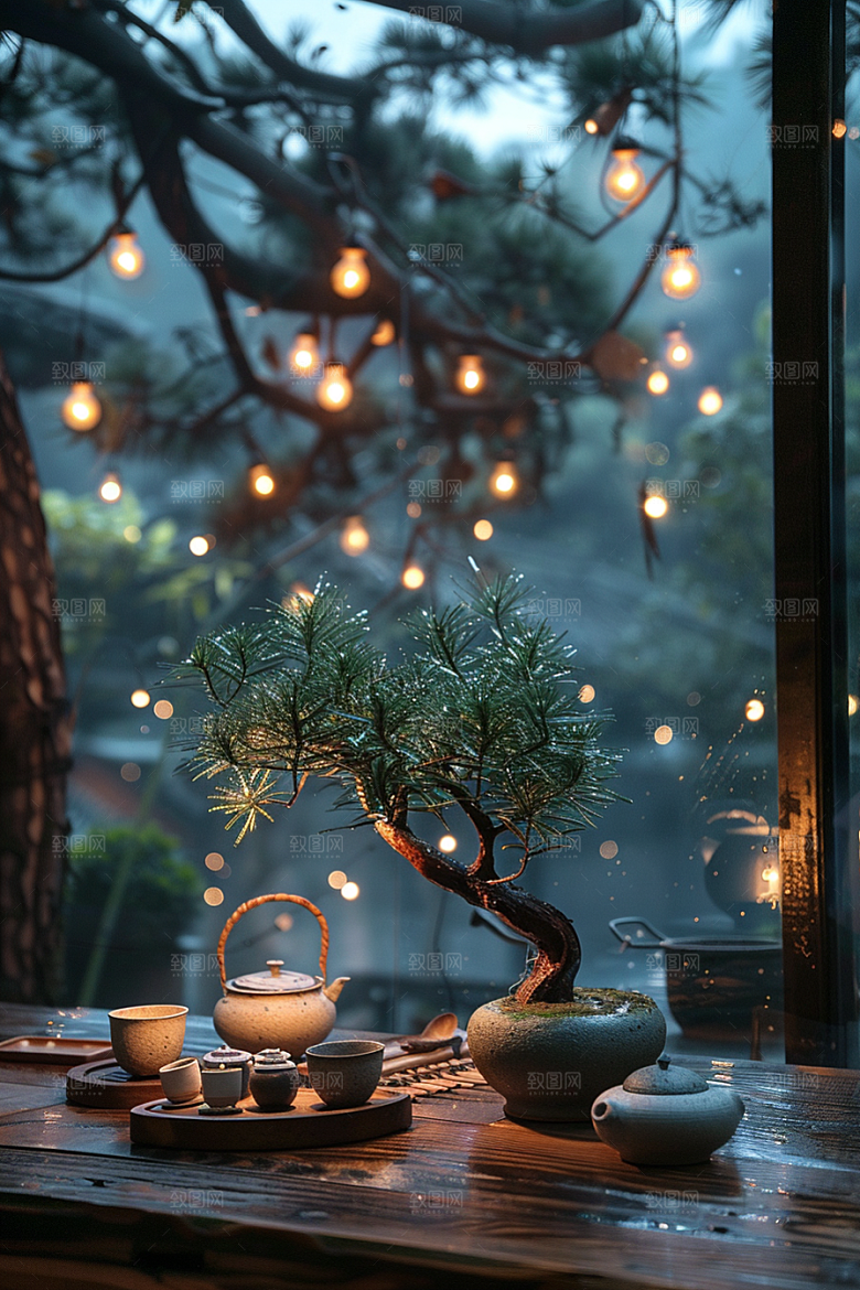 黑松盆景优雅日式摄影图
