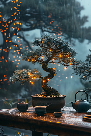 黑松盆景植物雅致摄影图