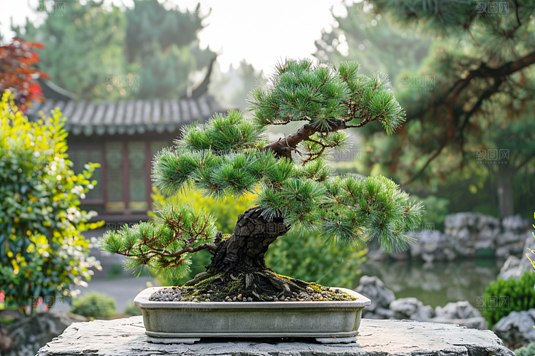 黑松盆景中式文化摄影图