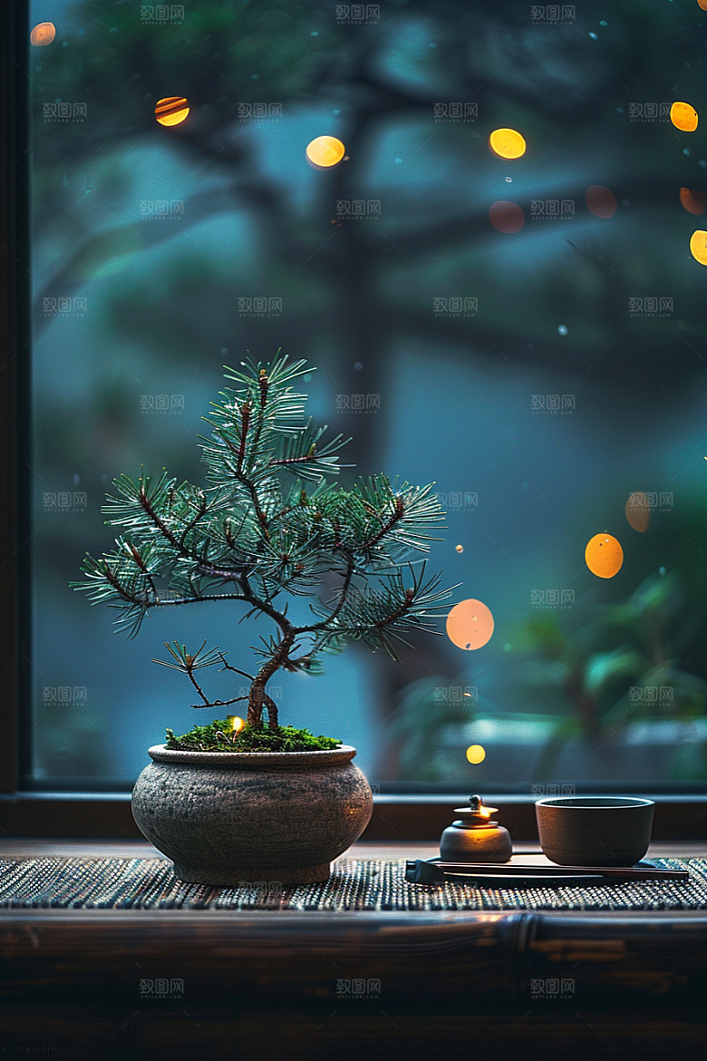 黑松盆景庭院植物摄影图