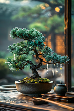 黑松盆景松树中国风摄影图