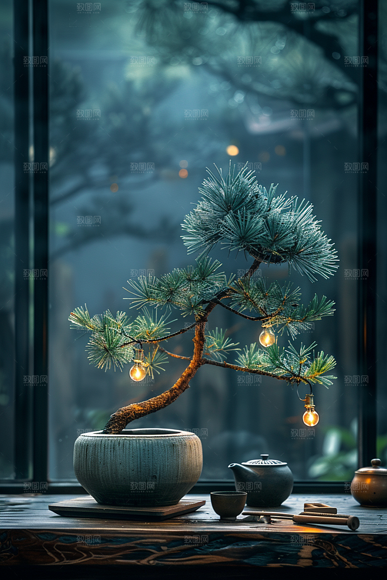 黑松盆景高雅中国风摄影图
