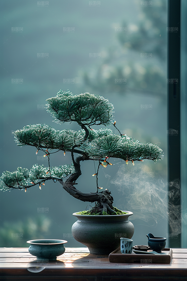 黑松盆景高雅植物摄影图