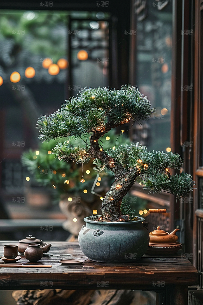 黑松盆景植物装饰摄影图
