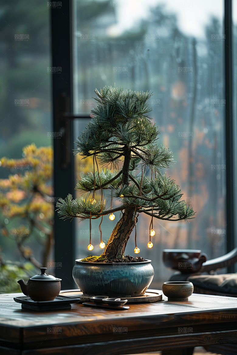 黑松盆景植物优雅摄影图