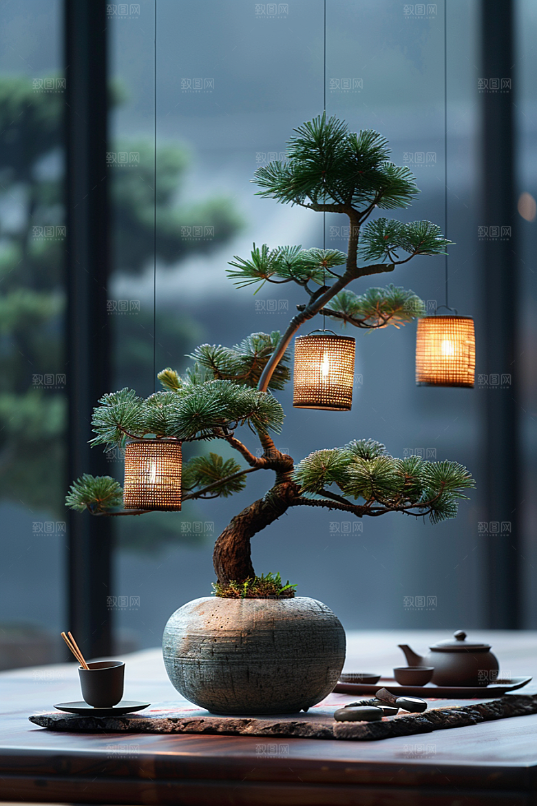 黑松盆景庭院植物摄影图