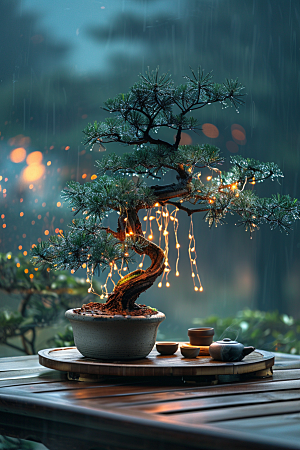 黑松盆景植物优雅摄影图
