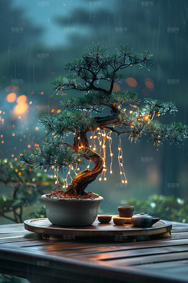 黑松盆景植物优雅摄影图