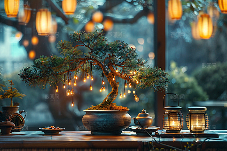 黑松盆景日式雅致摄影图