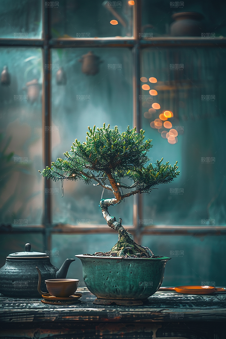 黑松盆景自然植物摄影图