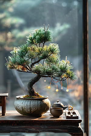 黑松盆景植物中式摄影图
