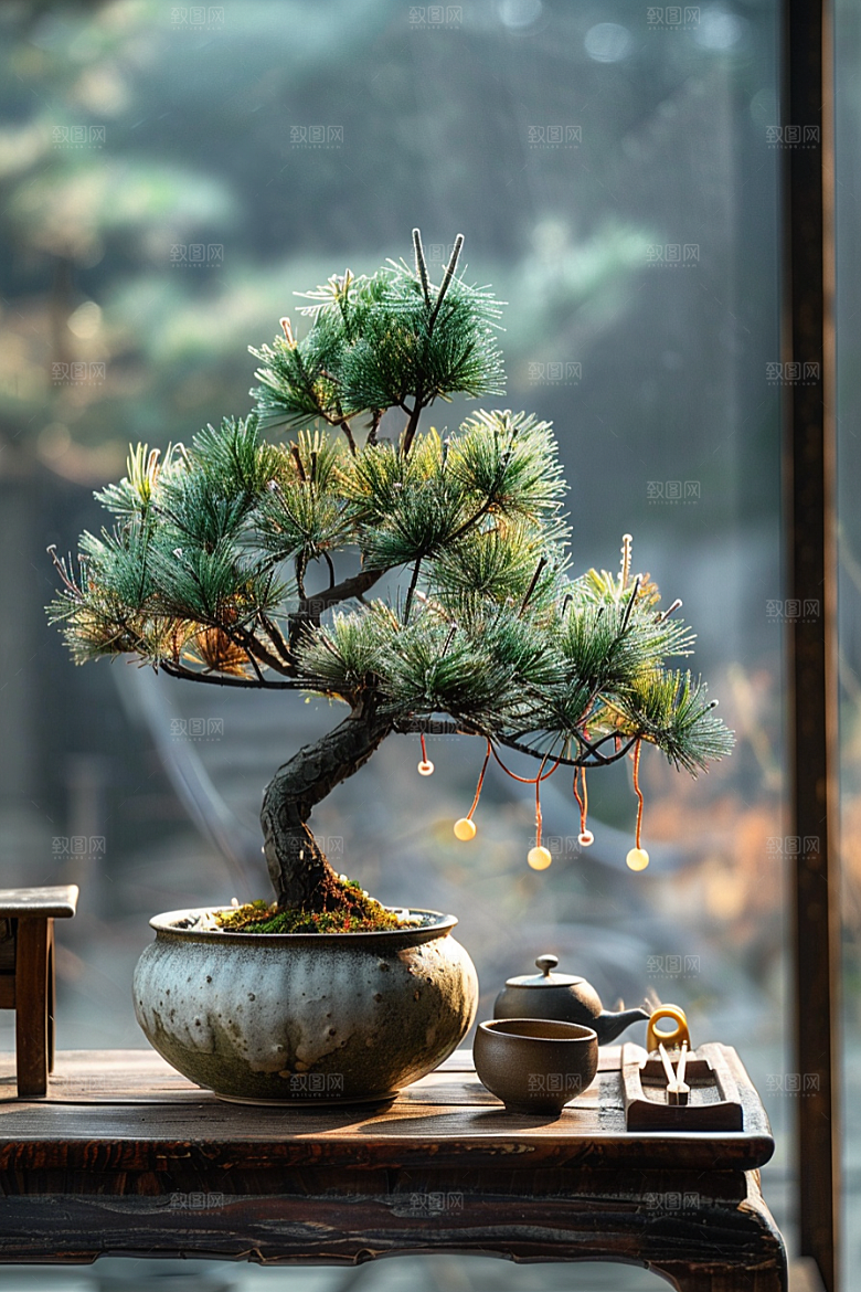 黑松盆景植物中式摄影图