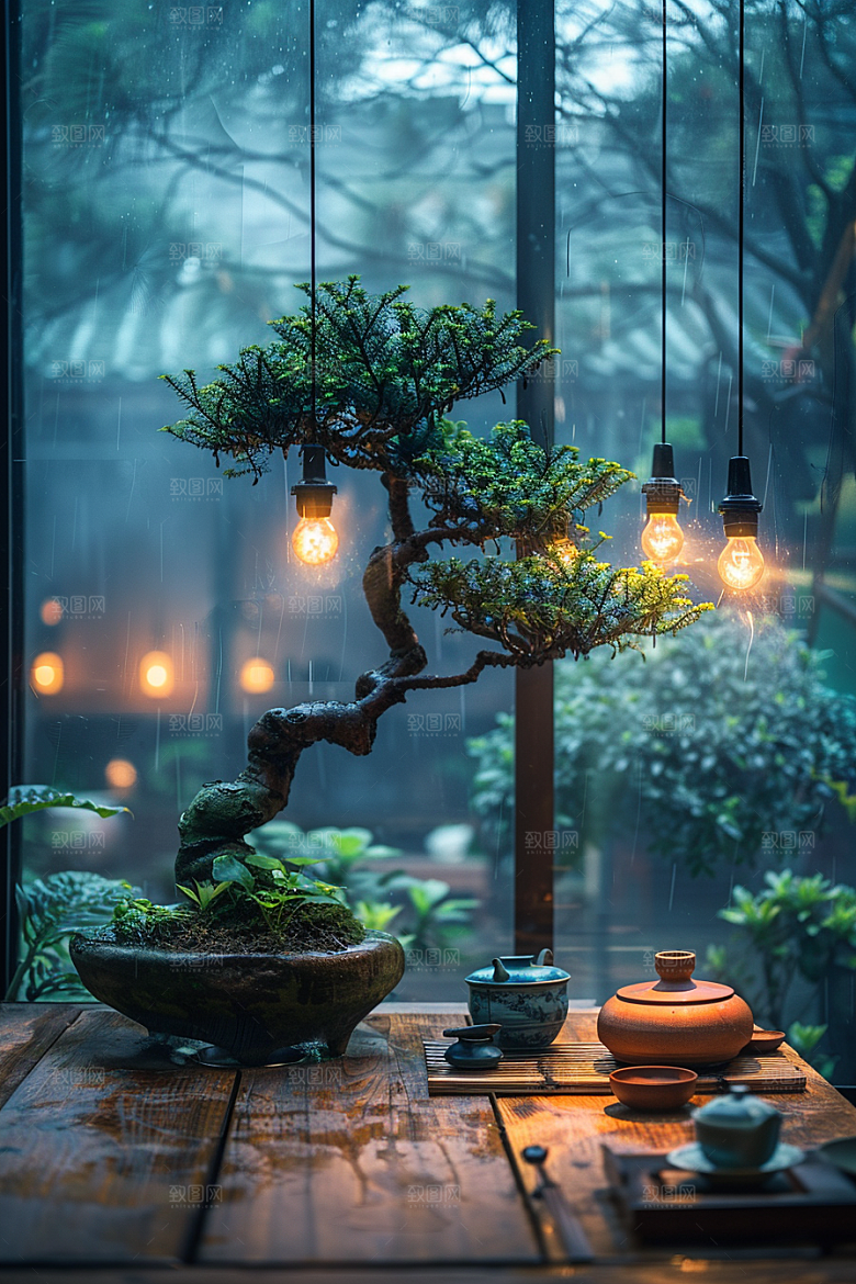 黑松盆景优雅日式摄影图