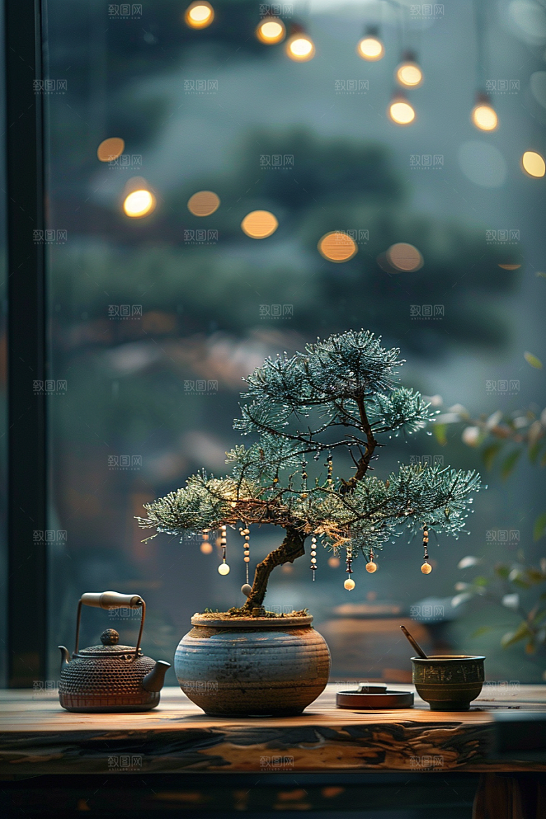 黑松盆景日式高雅摄影图