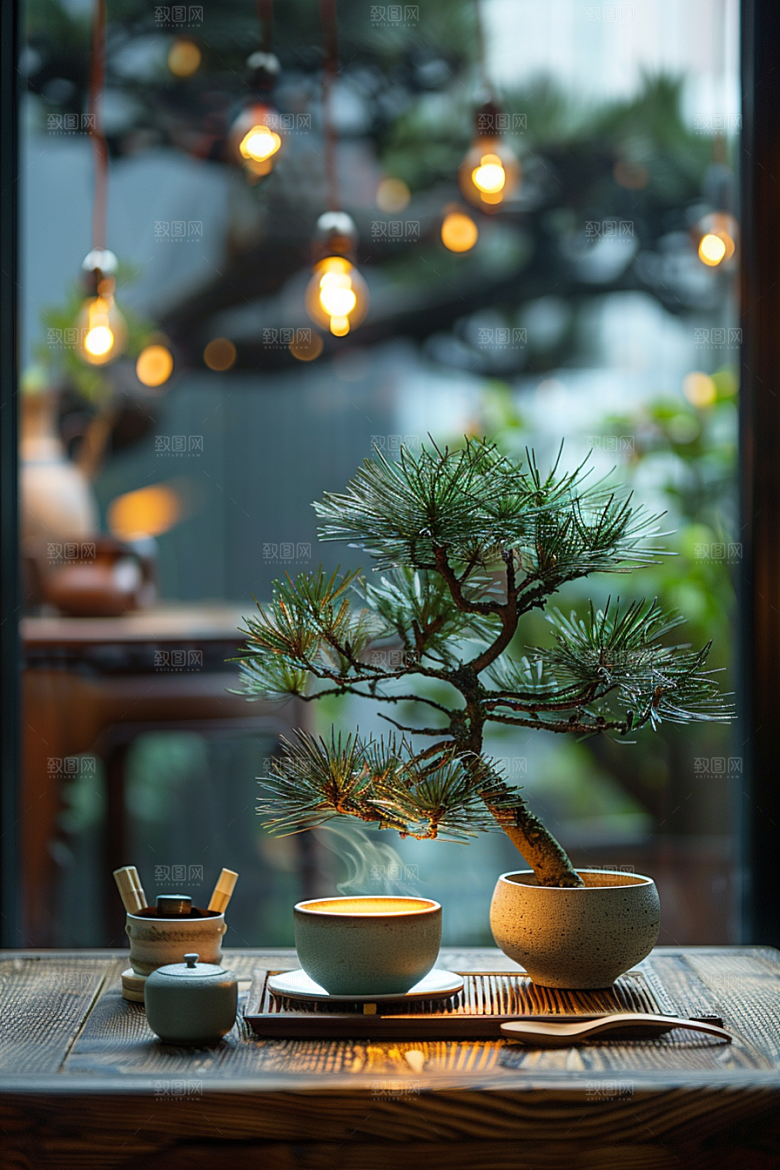 黑松盆景优雅装饰摄影图