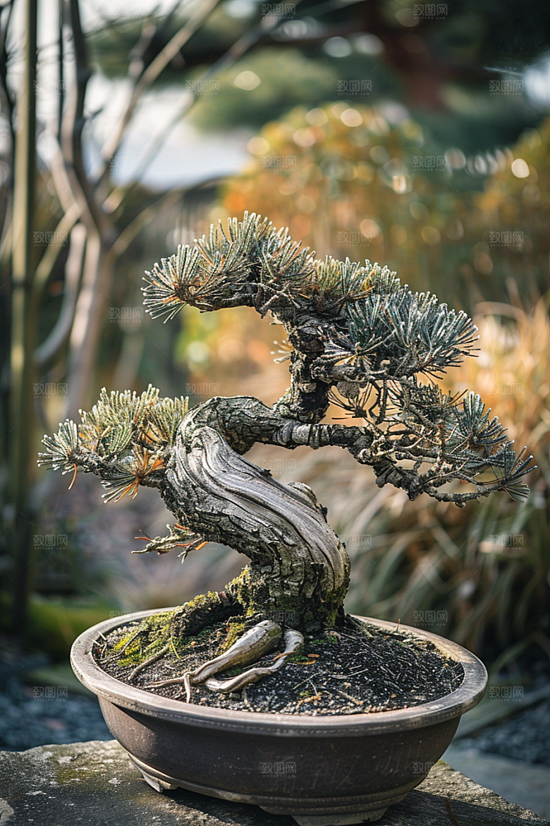 黑松盆景优雅植物摄影图