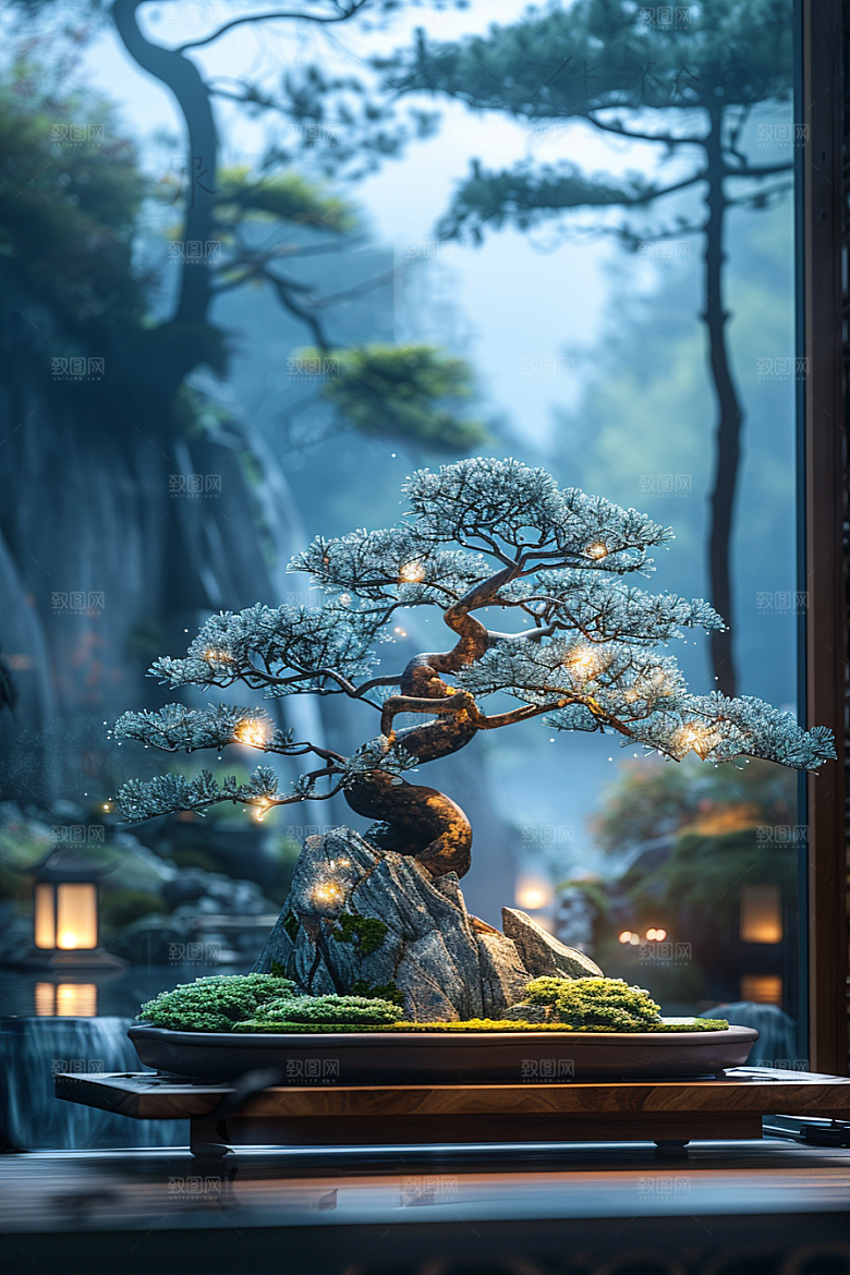 黑松盆景植物优雅摄影图