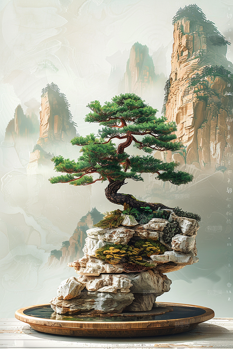 黑松盆景庭院中国风摄影图