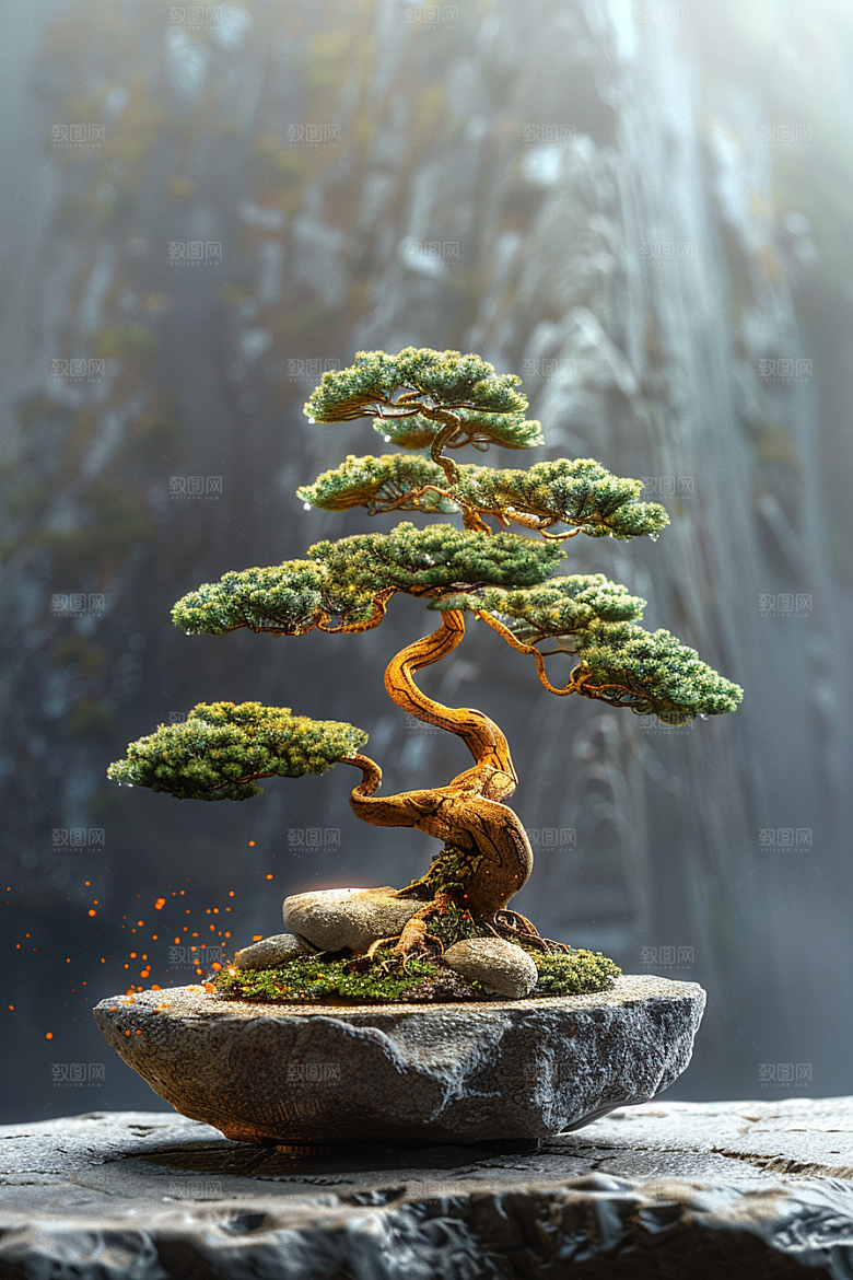 黑松盆景庭院日式摄影图