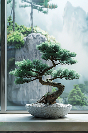 黑松盆景优雅高雅摄影图