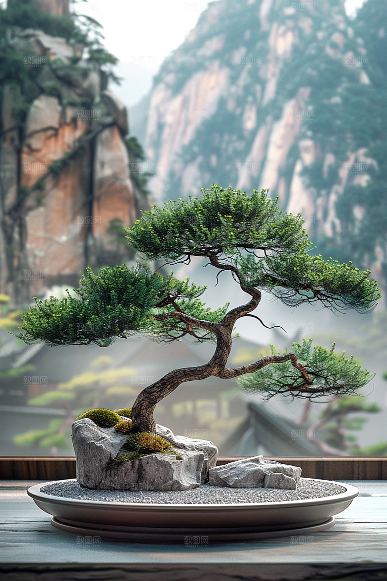 黑松盆景日式松树摄影图
