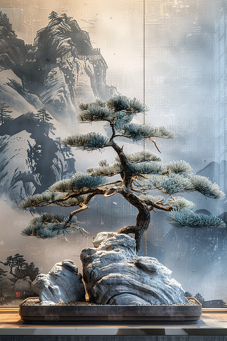 黑松盆景自然中式摄影图