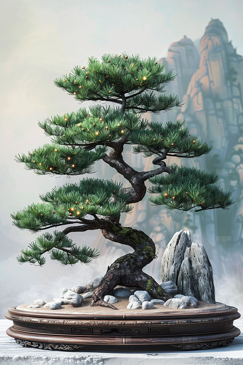 黑松盆景日式装饰摄影图