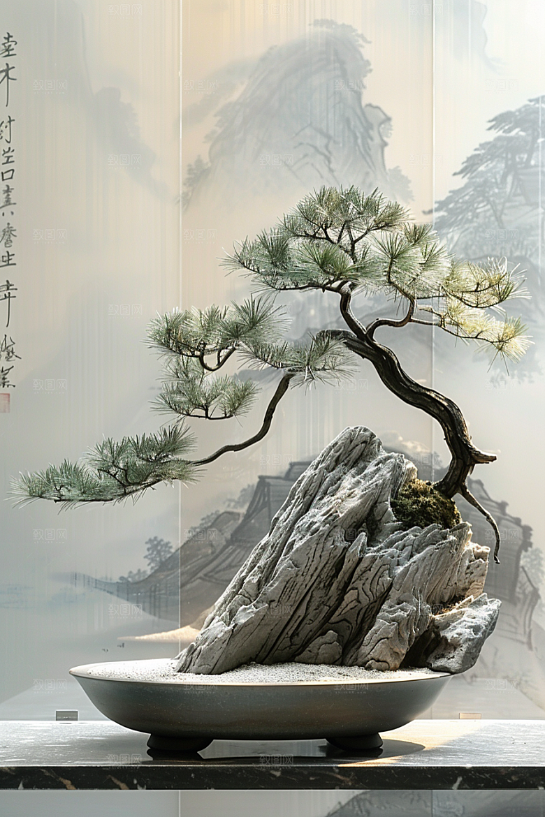 黑松盆景装饰高雅摄影图