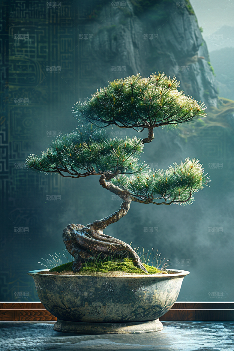 黑松盆景植物中式摄影图
