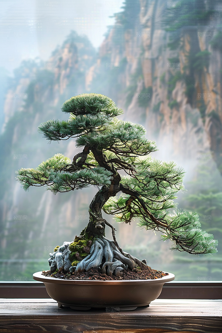 黑松盆景中式植物摄影图