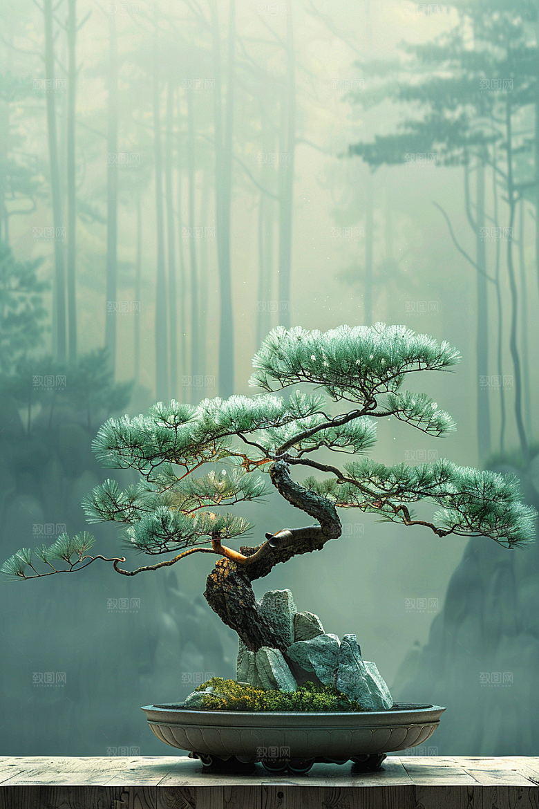 黑松盆景日式优雅摄影图