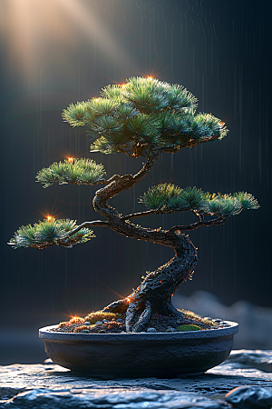 黑松盆景庭院日式摄影图