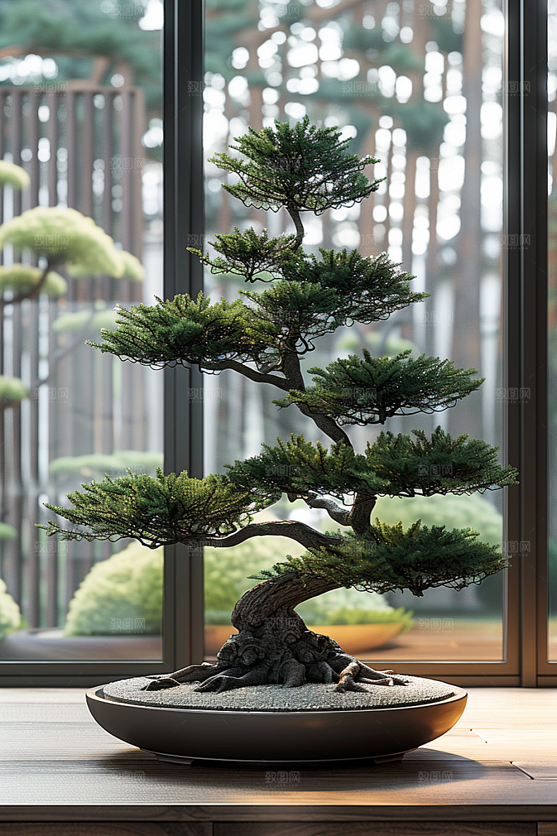 黑松盆景雅致植物摄影图