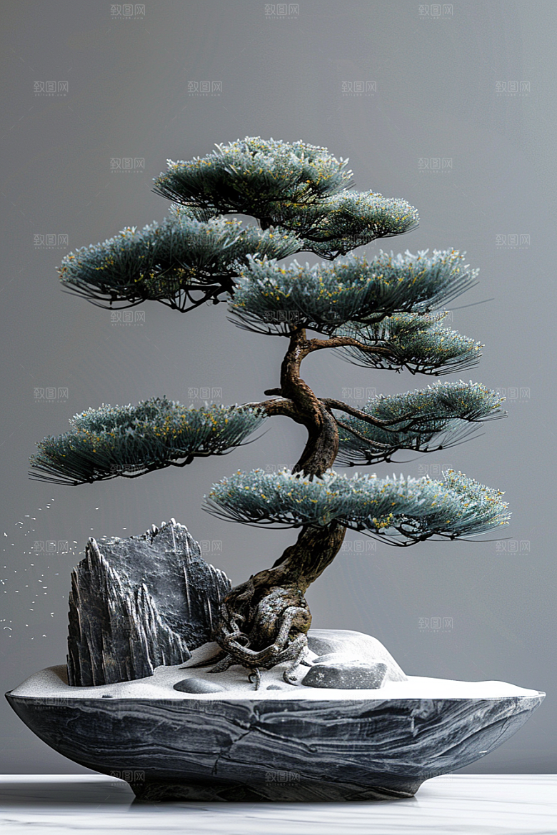 黑松盆景日式松树摄影图