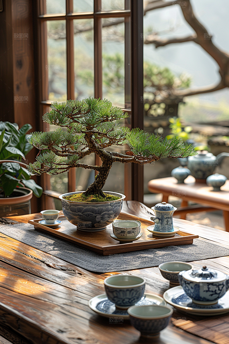 黑松盆景植物中国风摄影图