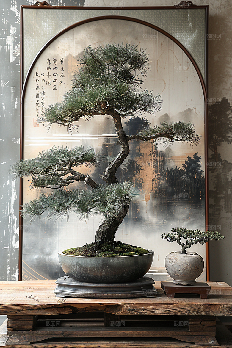 黑松盆景植物庭院摄影图