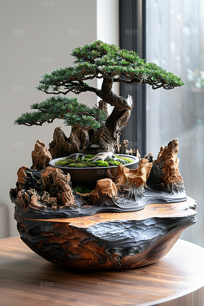 黑松盆景装饰植物摄影图