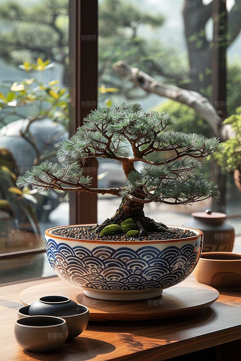 黑松盆景中式松树摄影图