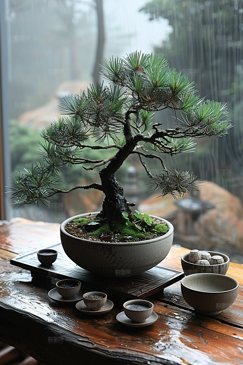 黑松盆景庭院日式摄影图