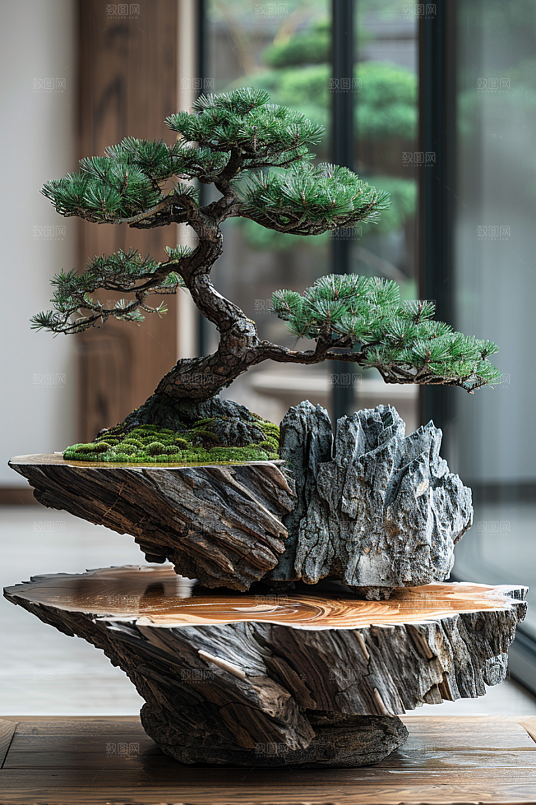 黑松盆景植物庭院摄影图