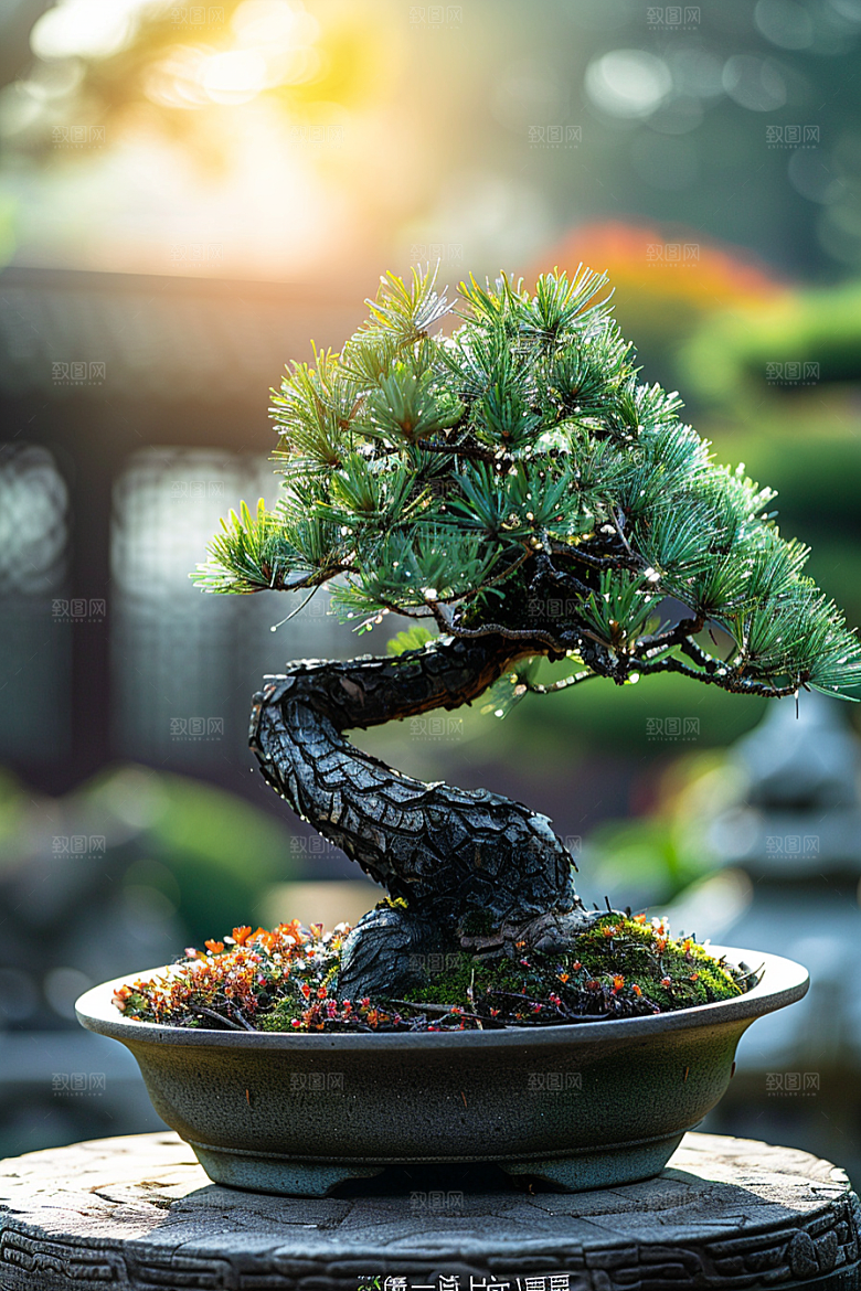 黑松盆景植物中式摄影图