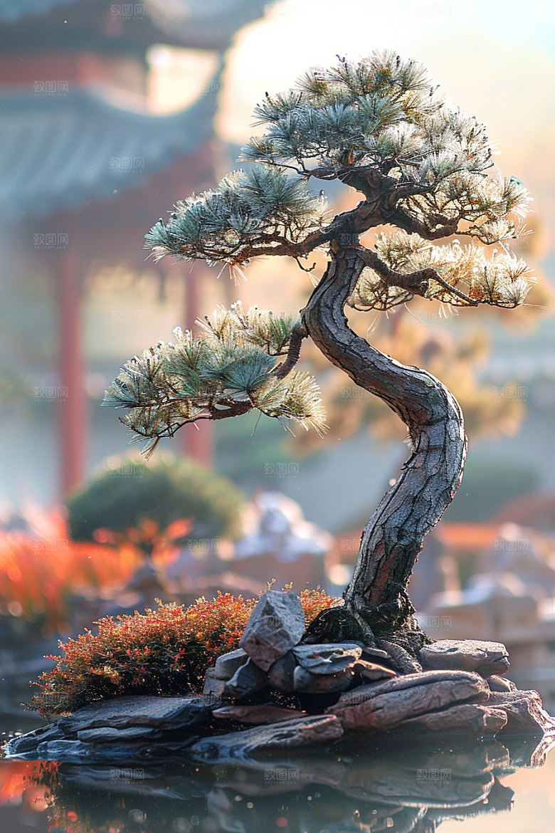 黑松盆景庭院装饰摄影图