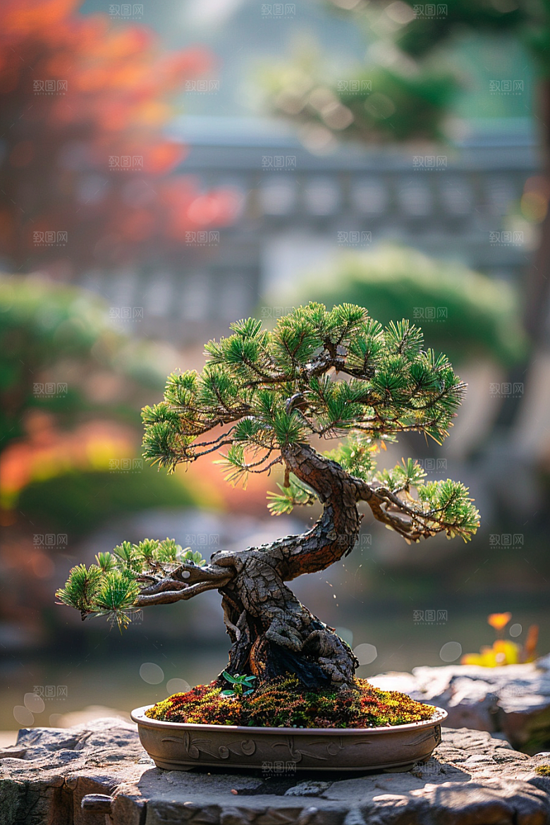 黑松盆景优雅日式摄影图