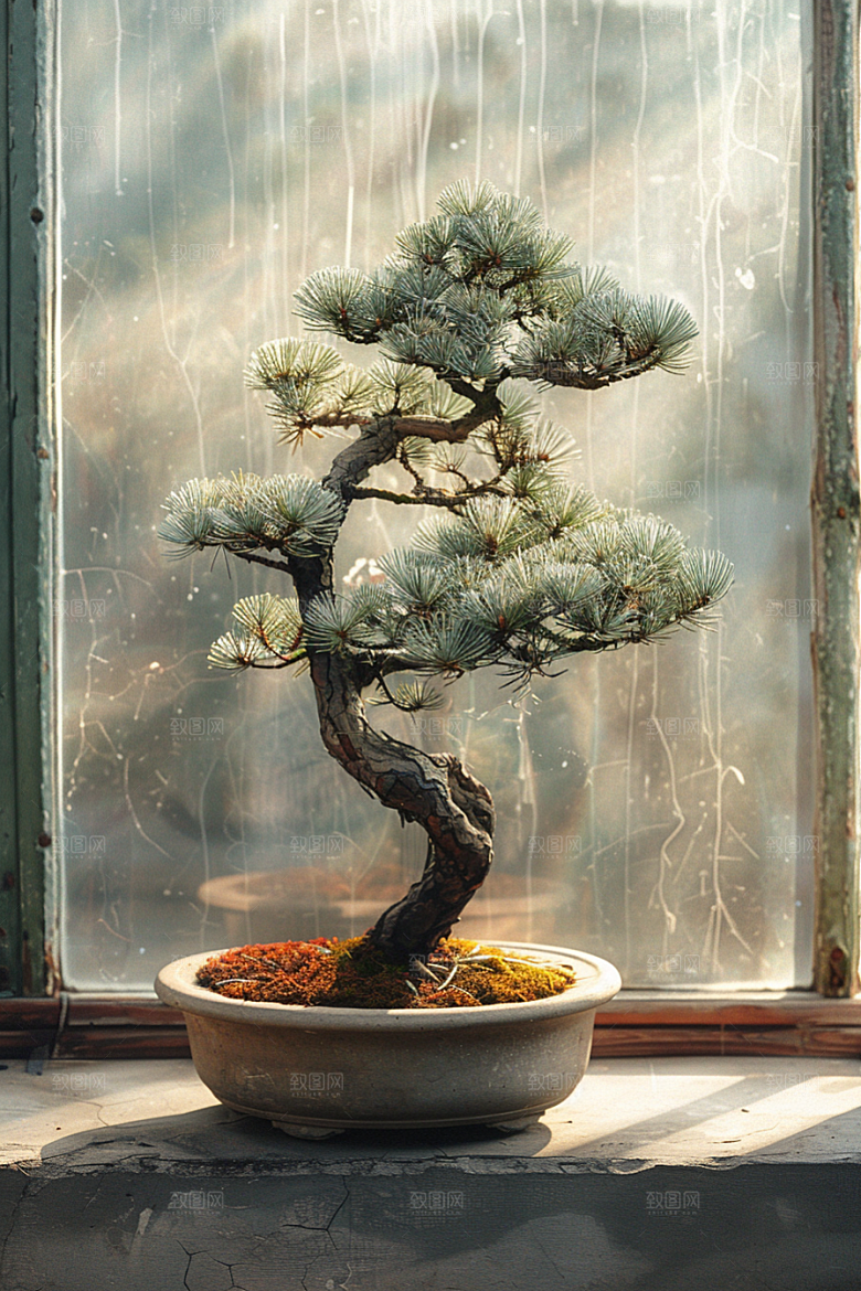 黑松盆景植物庭院摄影图