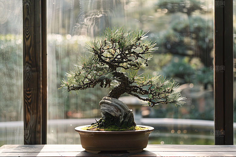 黑松盆景植物庭院摄影图