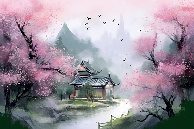 治愈风景风光春天插画