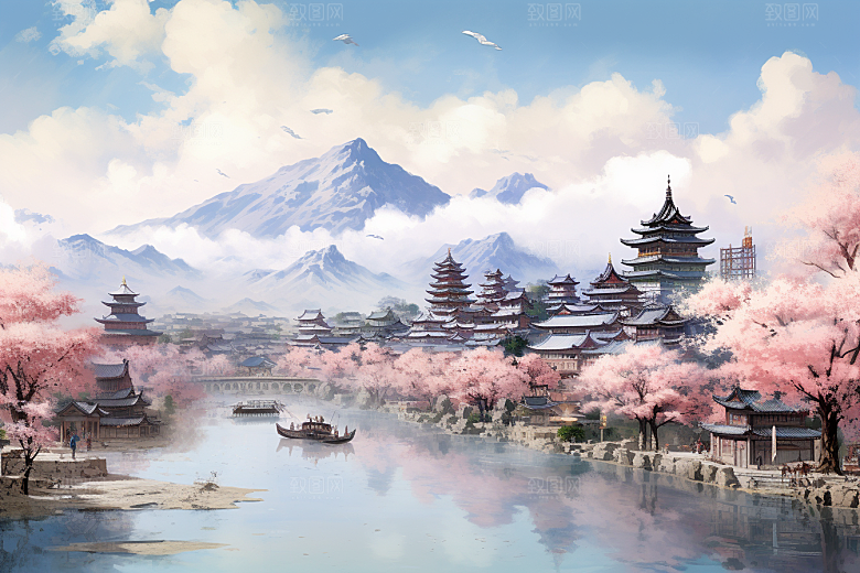 治愈风景山水高清插画