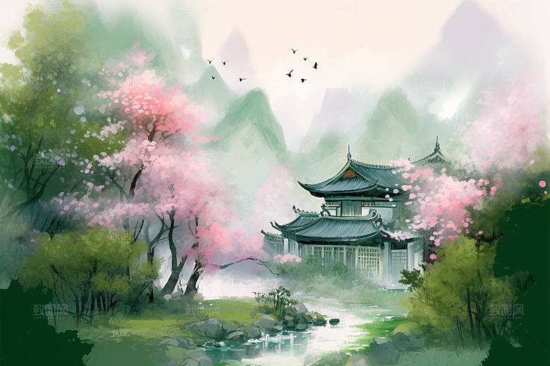 治愈风景唯美春天插画