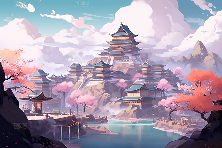 治愈风景山水春天插画